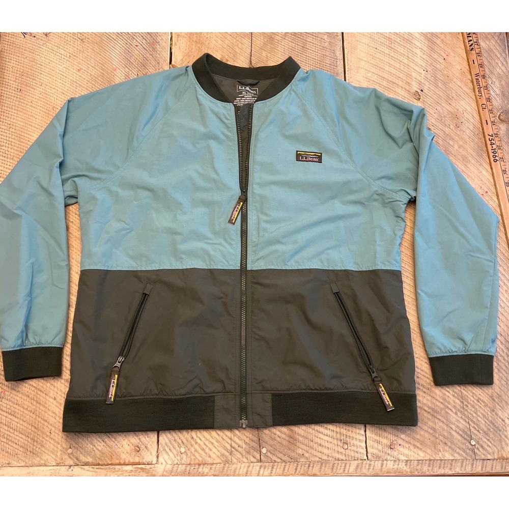 LL Bean Womens XL‎ Colorblock Bomber Jacket Blue Gray Fleece Lined Full Zip